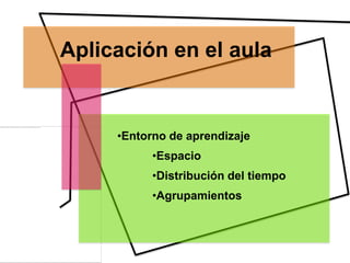 Aplicación en el aula


     •Entorno de aprendizaje
           •Espacio
           •Distribución del tiempo
           •Agrupamientos
 