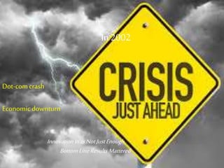 Dot-com crash
Economicdownturn
In 2002
InnovationWasNotJustEnough
BottomLineResultsMattered
 