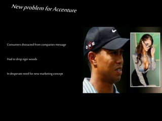 Consumers distractedfrom
companiesmessage
Hadto dropTiger Woods
In desperate need for new
marketing concept
 