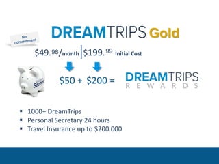 Gold
$49. /month $199. Initial Cost98 99
$50 + $200 =
 1000+ DreamTrips
 Personal Secretary 24 hours
 Travel Insurance up to $200.000
 