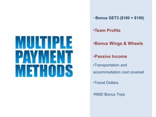 • Bonus GET3 ($100 + $150)
•Team Profits
•Bonus Wings & Wheels
•Passive Income
•Transportation and
accommodation cost covered
•Travel Dollars
•RMD Bonus Trips
 