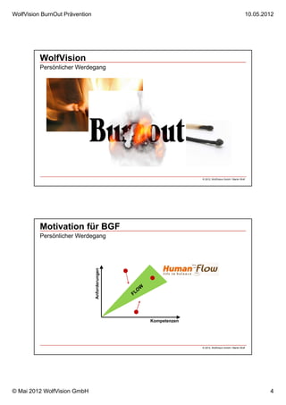 WolfVision BurnOut Prävention                                                                         10.05.2012




          WolfVision
          Persönlicher Werdegang




                                                              © 2012, WolfVision GmbH / Martin Wolf




          Motivation für BGF
          Persönlicher Werdegang
                                Anforderungen




                                                Kompetenzen




                                                              © 2012, WolfVision GmbH / Martin Wolf




© Mai 2012 WolfVision GmbH                                                                                    4
 