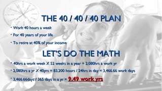 THE 40 / 40 / 40 PLAN
• Work 40 hours a week
• For 40 years of your life
• To retire at 40% of your income

LET’S DO THE MATH
• 40hrs a work week X 52 weeks in a year = 2,080hrs a work yr
• 2,080hrs a yr X 40yrs = 83,200 hours / 24hrs in day = 3,466.66 work days
• 3,466.66days / 365 days in a yr = 9.49

work yrs

 