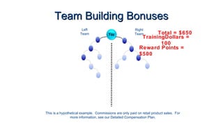 Team Building Bonuses
Left
Team

Right
Team

Total = $650
TrainingDollars =
100
Reward Points =
$500

This is a hypothetical example. Commissions are only paid on retail product sales. For
more information, see our Detailed Compensation Plan.

 