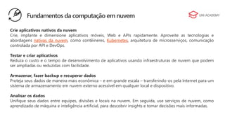 Crie aplicativos nativos da nuvem
Crie, implante e dimensione aplicativos móveis, Web e APIs rapidamente. Aproveite as tecnologias e
abordagens nativas da nuvem, como contêineres, Kubernetes, arquitetura de microsserviços, comunicação
controlada por API e DevOps.
Testar e criar aplicativos
Reduza o custo e o tempo de desenvolvimento de aplicativos usando infraestruturas de nuvem que podem
ser ampliadas ou reduzidas com facilidade.
Armazenar, fazer backup e recuperar dados
Proteja seus dados de maneira mais econômica – e em grande escala – transferindo-os pela Internet para um
sistema de armazenamento em nuvem externo acessível em qualquer local e dispositivo.
Analisar os dados
Unifique seus dados entre equipes, divisões e locais na nuvem. Em seguida, use serviços de nuvem, como
aprendizado de máquina e inteligência artificial, para descobrir insights e tomar decisões mais informadas.
Fundamentos da computação em nuvem
 