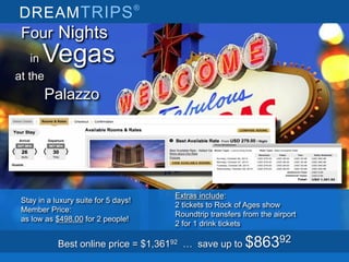 DREAMTRIPS®
Extras include:
2 tickets to Rock of Ages show
Roundtrip transfers from the airport
2 for 1 drink tickets
Stay in a luxury suite for 5 days!
Member Price:
as low as $498.00 for 2 people!
Four Nights
in Vegas
at the
Palazzo
Best online price = $1,36192 … save up to $86392
 