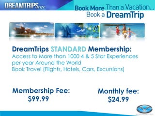 Membership Fee:
$99.99
Monthly fee:
$24.99
DreamTrips STANDARD Membership:
Access to More than 1000 4 & 5 Star Experiences
per year Around the World
Book Travel (Flights, Hotels, Cars, Excursions)
 