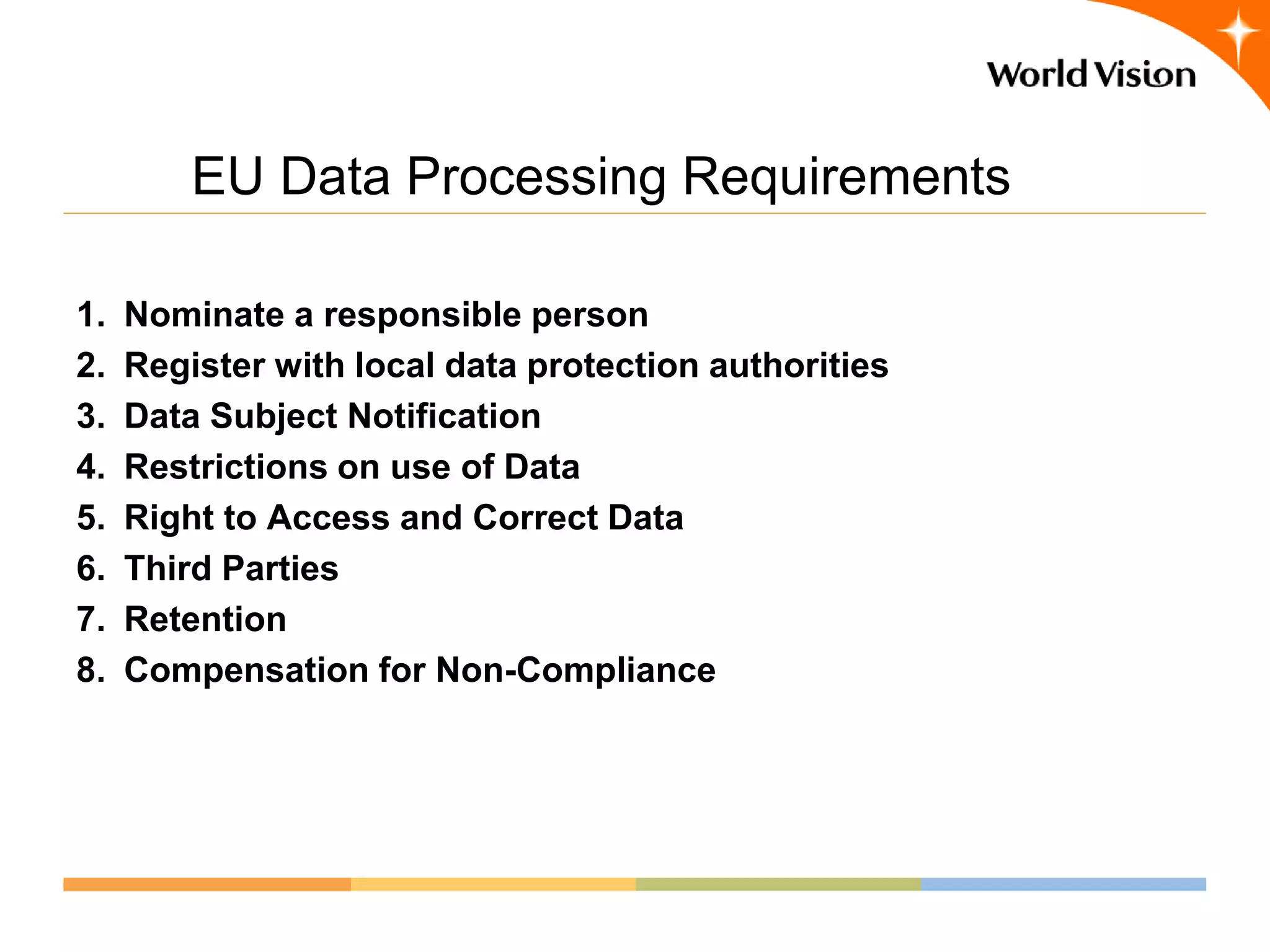 EU Data Processing Requirements

1.   Nominate a responsible person
2.   Register with local data protection authorities
3.   Data Subject Notification
4.   Restrictions on use of Data
5.   Right to Access and Correct Data
6.   Third Parties
7.   Retention
8.   Compensation for Non-Compliance
 