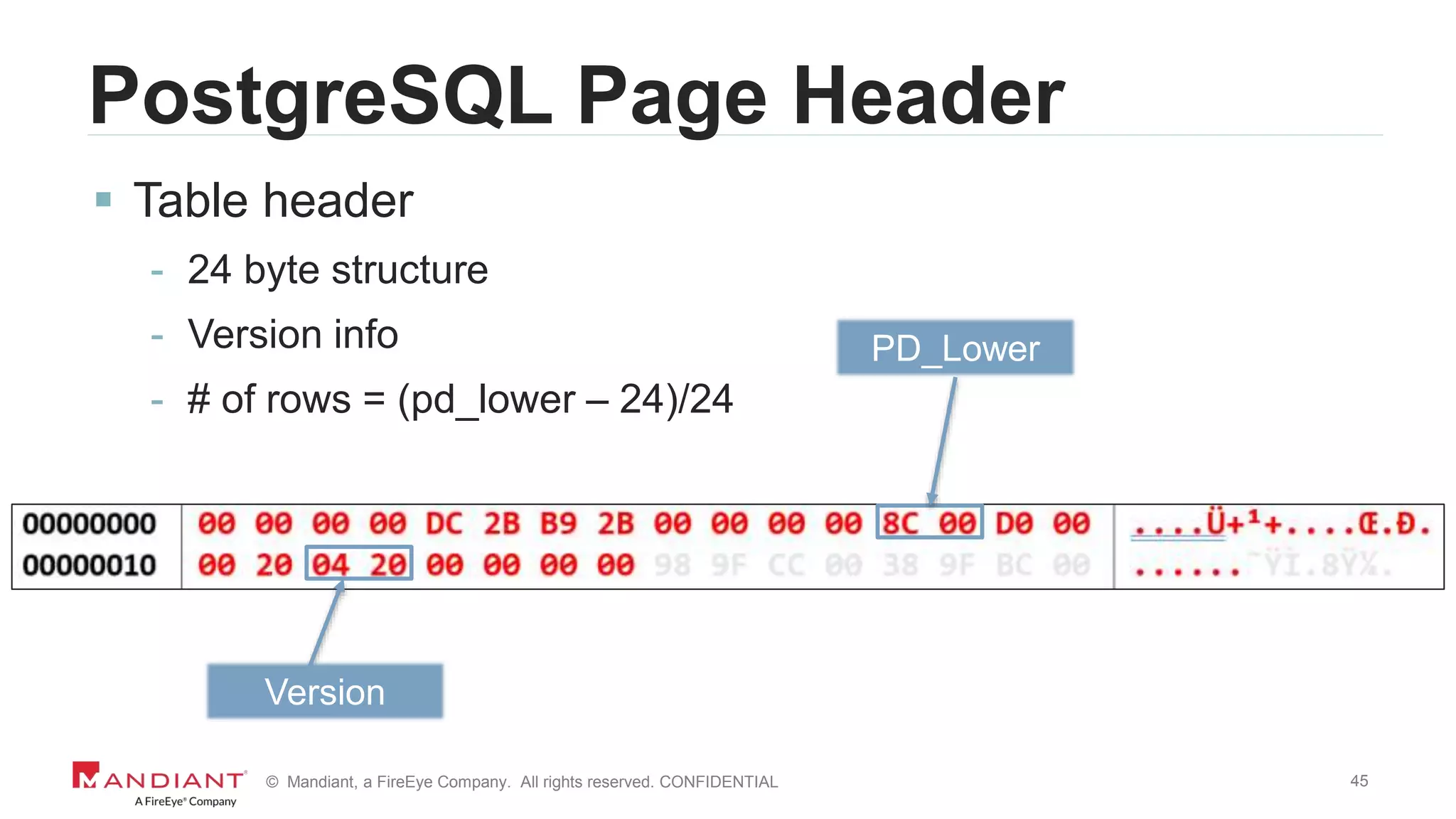 45© Mandiant, a FireEye Company. All rights reserved. CONFIDENTIAL
PostgreSQL Page Header
 Table header
- 24 byte structure
- Version info
- # of rows = (pd_lower – 24)/24
Version
PD_Lower
 