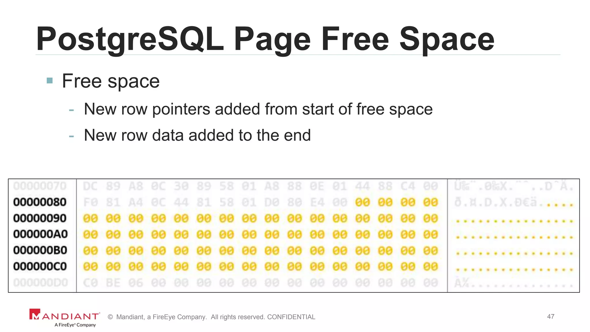 47© Mandiant, a FireEye Company. All rights reserved. CONFIDENTIAL
PostgreSQL Page Free Space
 Free space
- New row pointers added from start of free space
- New row data added to the end
 