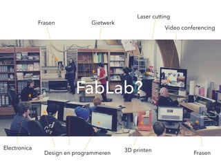 Electronica
Design en programmeren
3D printen
Frasen
Video conferencing
Laser cutting
GietwerkFrasen
FabLab?
 
