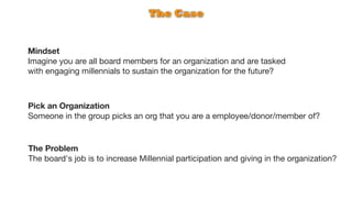The Case


Mindset
Imagine you are all board members for an organization and are tasked
with engaging millennials to sustain the organization for the future?



Pick an Organization
Someone in the group picks an org that you are a employee/donor/member of?


The Problem
The board's job is to increase Millennial participation and giving in the organization?
 