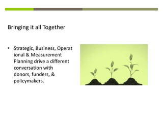 Bringing it all Together


• Strategic, Business, Operat
  ional & Measurement
  Planning drive a different
  conversation with
  donors, funders, &
  policymakers.
 