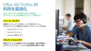 Office 365 ProPlus の
利用を最適化
Office 365 コンテナ
各種キャッシュデータのローミングをサポートし、
マルチセッション環境での Office パフォーマンスを向上
プロファイルコンテナ
移動プロファイル関連のさまざまな課題・制約を解消し、
ログオンとアプリケーションの起動時間を劇的に改善
Office 365 ProPlus の提供する高い生産性を、
マルチセッション型の仮想デスクトップ環境でも
 