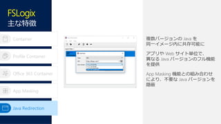 Container
Profile Container
Office 365 Container
App Masking
Java Redirection
複数バージョンの Java を
同一イメージ内に共存可能に
アプリや Web サイト単位で、
異なる Java バージョンのフル機能
を提供
App Masking 機能との組み合わせ
により、不要な Java バージョンを
隠蔽
Java Redirection
FSLogix
主な特徴
 