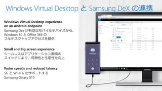 Windows Virtual Desktop experience
on an Android endpoint
Samsung Dex が有効なモバイルデバイスから、
Windows 10 と Office 365 の
フルデスクトップアクセスを提供
Small and Big screen experience
シームレスなアプリケーション画面の
スイッチにより、可搬性と生産性を向上
Faster speeds and reduced latency
5G と Wi-Fi 6 をサポートする
Samsung Galaxy S10
Windows Virtual Desktop と Samsung DeX の連携
 