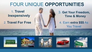FOUR UNIQUE OPPORTUNITIES
1. Travel
Inexpensively
4. Earn extra $$$ As
You Travel
2. Travel For Free
3. Get Your Freedom,
Time & Money
 