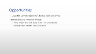 • Give staff ‘anytime access’ to GIS data from any device
• Streamline data collection projects
• Share project data with many users – not just GIS data
• Simplify office > field > office workflows
Opportunities
 