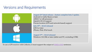 Versions and Requirements
August 23rd latest release – feature complete beta 3 update.
Android 4.1 (Jelly Bean) or later
ARMv7 or x86 processor
OpenGL ES 2.0 support
Precise location (GPS and network-based) support
July 19th – 10.4.0 released
iOS 8 or later
iPhone, iPad, iPod touch
August 17th – 10.4.0 released
Windows 10.0.586 or later (tablet and PC; excluding LTSB)
To use a GPS receiver with Collector, it must support the output of NMEA 0183 sentences.
 