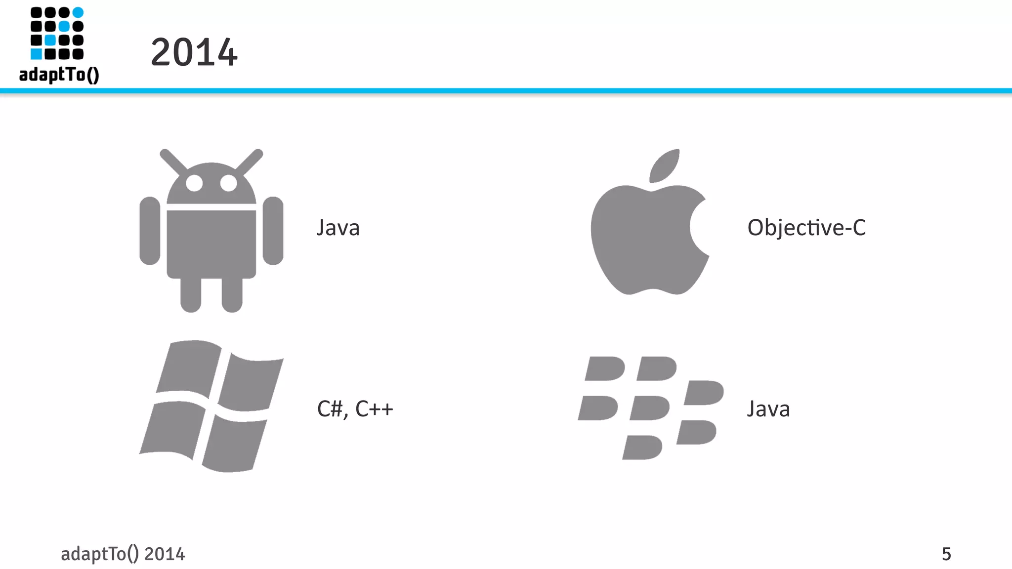 Java 
C#, 
C++ 
Objec3ve-­‐C 
Java 
2014 
adaptTo() 2014 5 
 