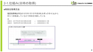 ■時刻を取得方法
4
2-1.仕組み(日時の取得)
協定世界時(UTC)の1970年1月1日午前0時(エポックタイム)から
何ミリ秒経過しているかで時刻を判断している
例
未来日：2017年3月18日16時4分24秒 → 1489820664ミリ秒
過去日：1960年3月18日16時4分24秒 → -308940936ミリ秒
 