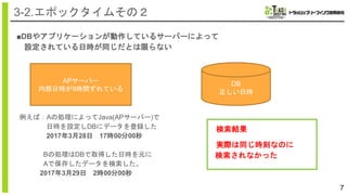 7
3-2.エポックタイムその２
■DBやアプリケーションが動作しているサーバーによって
設定されている日時が同じだとは限らない
DB
正しい日時
APサーバー
内部日時が9時間ずれている
例えば：Aの処理によってJava(APサーバー)で
日時を設定しDBにデータを登録した
2017年3月28日 17時00分00秒
Bの処理はDBで取得した日時を元に
Aで保存したデータを検索した。
2017年3月29日 2時00分00秒
検索結果
実際は同じ時刻なのに
検索されなかった
 