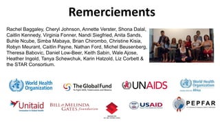 Rachel Baggaley, Cheryl Johnson, Annette Verster, Shona Dalal,
Caitlin Kennedy, Virginia Fonner, Nandi Siegfried, Anita Sands,
Buhle Ncube, Simba Mabaya, Brian Chirombo, Christine Kisia,
Robyn Meurant, Caitlin Payne, Nathan Ford, Michel Beusenberg,
Theresa Babovic, Daniel Low-Beer, Keith Sabin, Wale Ajose,
Heather Ingold, Tanya Schewchuk, Karin Hatzold, Liz Corbett &
the STAR Consortium.
Remerciements
 