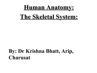 By: Dr Krishna Bhatt, Arip,
Charusat
Human Anatomy:Human Anatomy:
The Skeletal System:The Skeletal System:
 