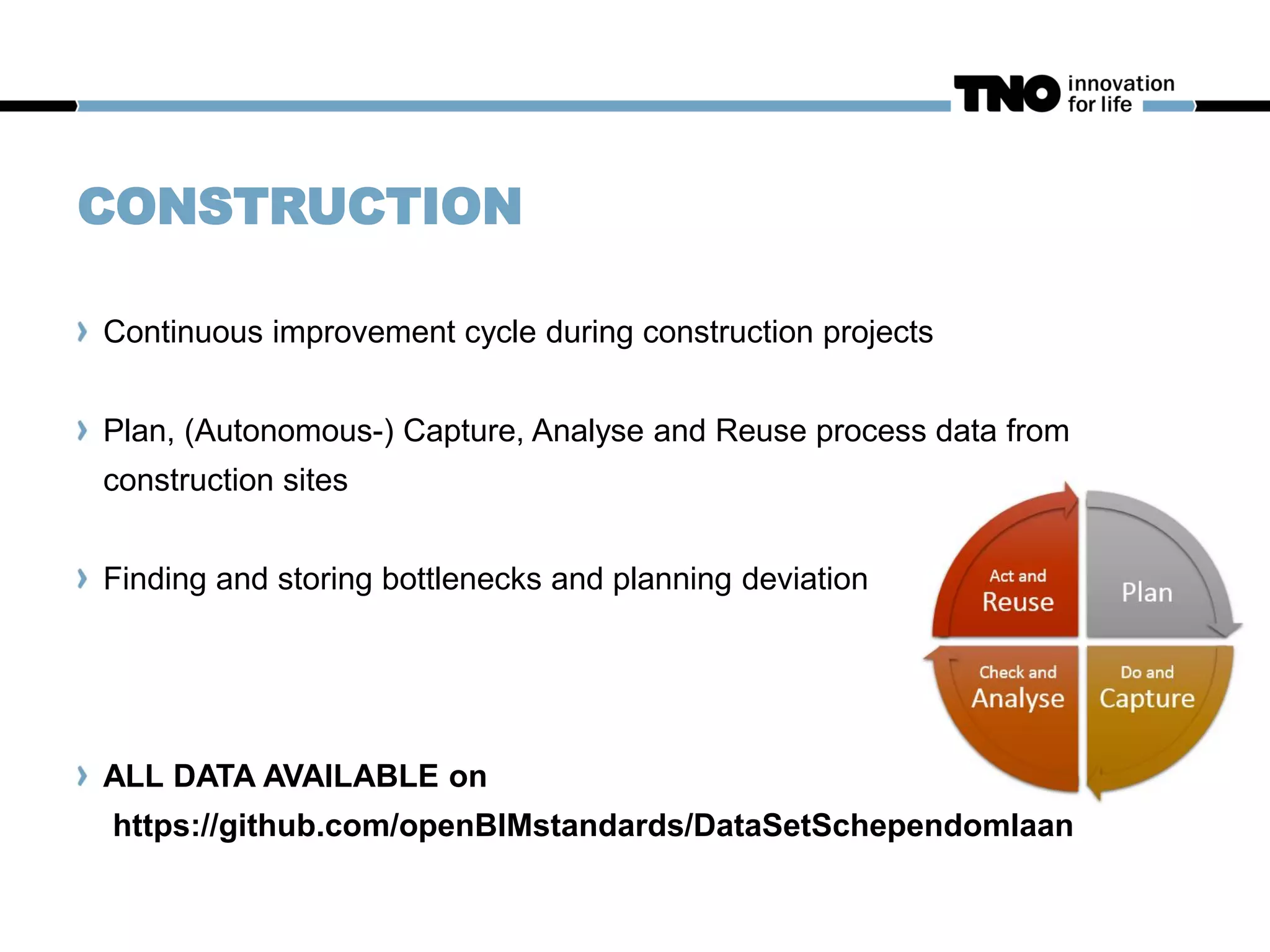 CONSTRUCTION
Continuous improvement cycle during construction projects
Plan, (Autonomous-) Capture, Analyse and Reuse process data from
construction sites
Finding and storing bottlenecks and planning deviation
ALL DATA AVAILABLE on
https://github.com/openBIMstandards/DataSetSchependomlaan
 