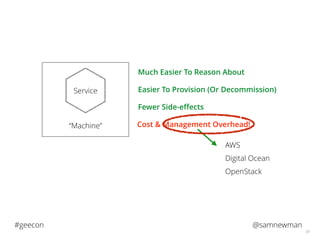 @samnewman#geecon
58
“Machine”
Service
Much Easier To Reason About
Easier To Provision (Or Decommission)
Fewer Side-eﬀects
Cost & Management Overhead!
AWS
Digital Ocean
OpenStack
 