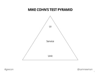 @samnewman#geecon
12
Unit
Service
UI
MIKE COHN’S TEST PYRAMID
 