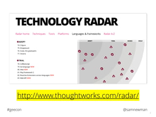 @samnewman#geecon
3
http://www.thoughtworks.com/radar/
 