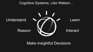 Cognitive Systems, Like Watson…
Understand
Reason
Learn
Interact
Make Insightful Decisions
 