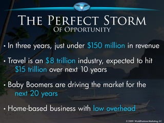 •   In three years, just under $150 million in revenue

•   Travel is an $8 trillion industry, expected to hit
      $15 trillion over next 10 years

•   Baby Boomers are driving the market for the
      next 20 years

•   Home-based business with low overhead
 
