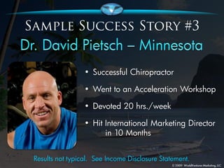 • Successful Chiropractor

                 • Went to an Acceleration Workshop

                 • Devoted 20 hrs./week

                 • Hit International Marketing Director
                       in 10 Months


Results not typical. See Income Disclosure Statement.
 