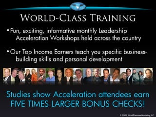• Fun, exciting, informative monthly Leadership
   Acceleration Workshops held across the country

• Our Top Income Earners teach you specific business-
   building skills and personal development




Studies show Acceleration attendees earn
 FIVE TIMES LARGER BONUS CHECKS!
 