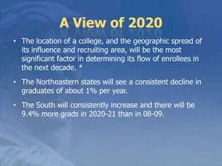 A View of 2020The location of a college, and the geographic spread of its influence and recruiting area, will be the most significant factor in determining its flow of enrollees in the next decade. *The Northeastern states will see a consistent decline in graduates of about 1% per year.The South will consistently increase and there will be 9.4% more grads in 2020-21 than in 08-09.
