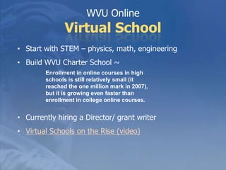 WVU Extended LearningYour source for online and off-campusExtended Learning = 62,634 credit hours (77% distance ed); Over 3,200 student per term + 1,300 enrolled in “both” online & on-campus.Continuing and Professional Education served 2,747 adult learners. Collaboration with Forensics and its numerous online opportunities accounted for much of this 68% annual increase.Over 647 high school students enrolled in WVU courses in their high schools
