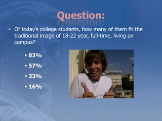 Question:Of today’s college students, how many of them fit the traditional image of 18-22 year, full-time, living on campus?83%