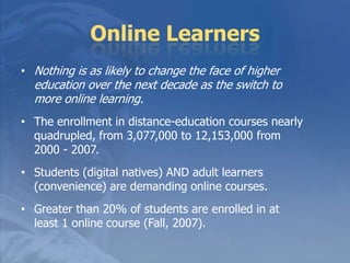 Adult LearnersFastest growing student population The student body is getting older  (25-44)Will be even more heavily weighted toward womenPart time studentsWorking full-timeWhile the enrollment is projected to grow faster at private institutions, that is probably because for-profit colleges are private.