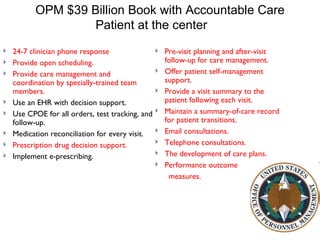 OPM $39 Billion Book with Accountable Care Patient at the center  <ul><li>24-7 clinician phone response </li></ul><ul><li>...