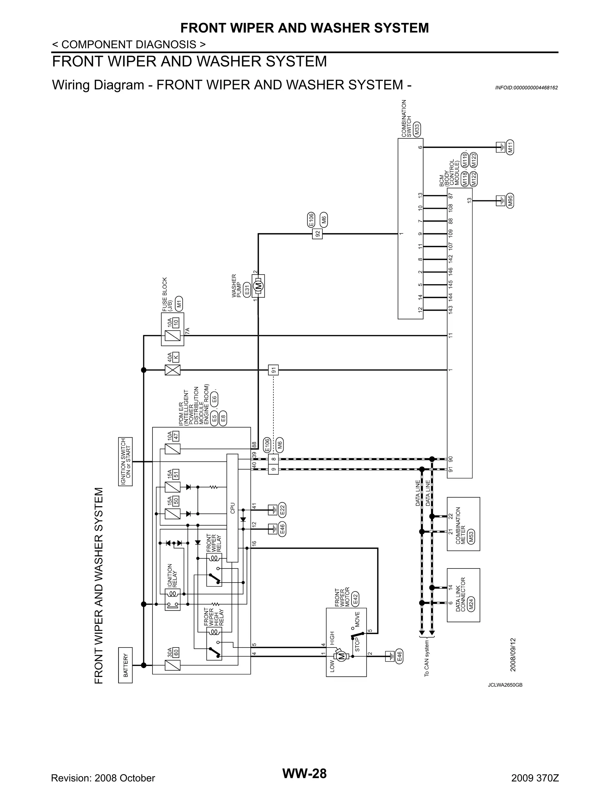 FRONT WIPER AND WASHER SYSTEM
< COMPONENT DIAGNOSIS >

FRONT WIPER AND WASHER SYSTEM
Wiring Diagram - FRONT WIPER AND WASHER SYSTEM -

INFOID:0000000004468162

JCLWA2650GB

Revision: 2008 October

WW-28

2009 370Z

 