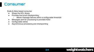Consumer
Scala & Akka based consumer
● Wraps the KCL library
● Provides fool proof checkpointing
○ Allows message failures within a configurable threshold
● Messages sent for processing to provided Actor
● Configurable retries
● Asynchronous processing and checkpointing
34
 