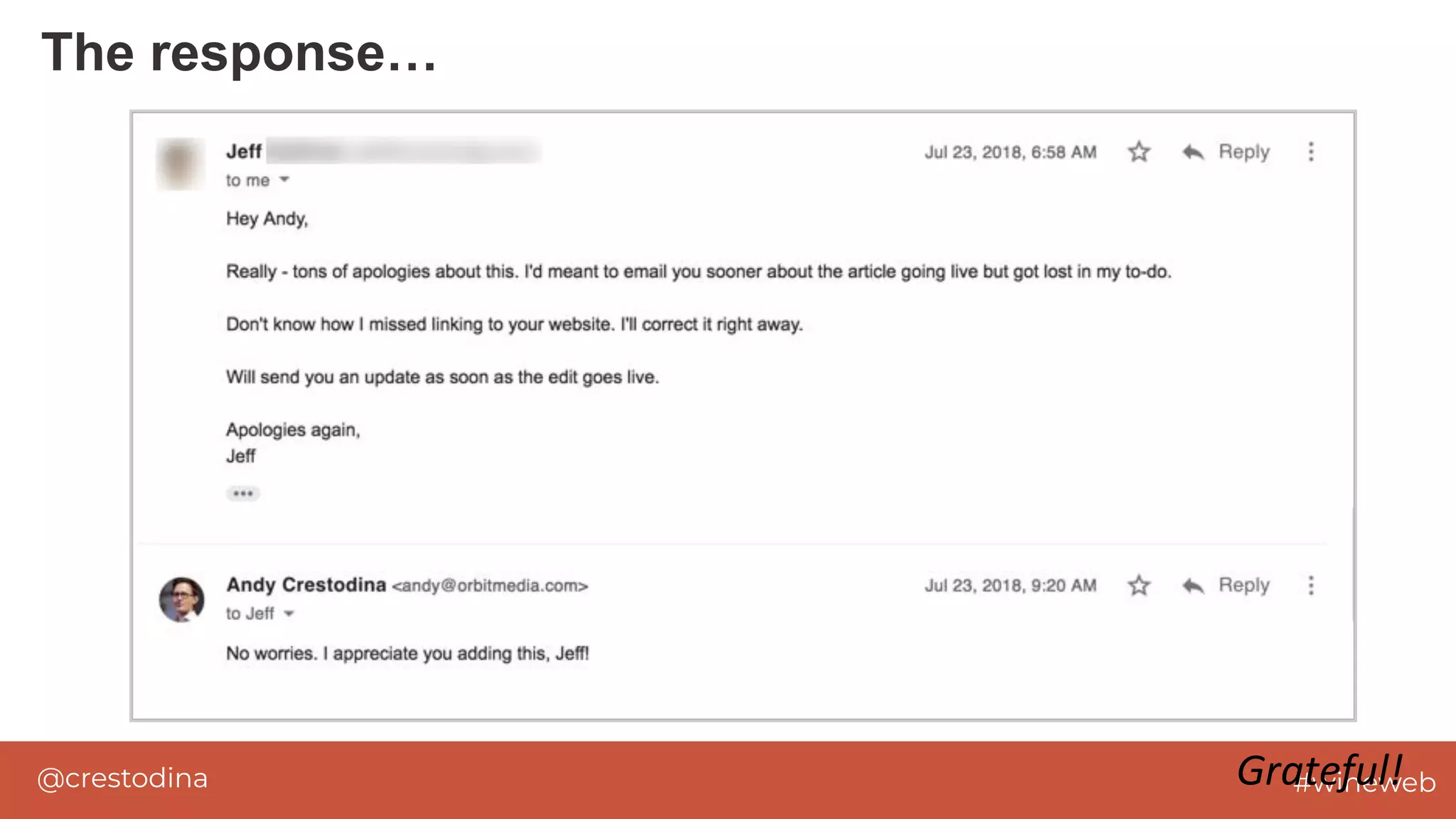 @crestodina #wineweb
The response…
Grateful!
 