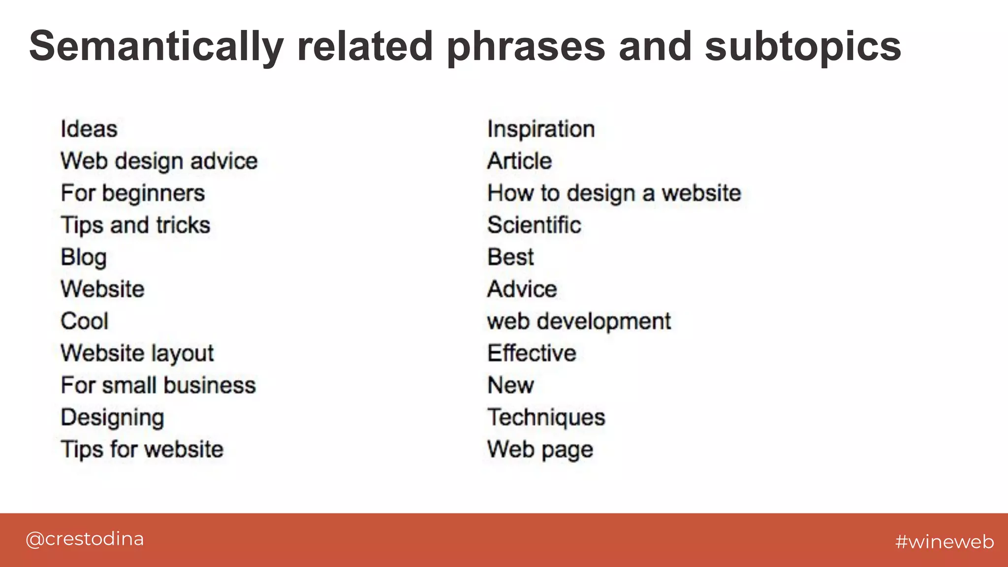 @crestodina #wineweb
Semantically related phrases and subtopics
 