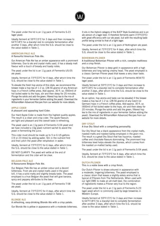 4
The yeast under the lid is an 11g pack of Fermentis S-23
lager yeast.
Ideally ferment at 59°F/15°C for 3 days and then increase to
64°F/18°C for a diacetyl rest to complete fermentation after
another 3 days, after which time the S.G. should be close to
the value stated in Table 1.
AMERICAN PALE ALE
A flavourful American Pale Ale.
Our American Pale Ale has an amber appearance with a prominent
bitterness. Due to ale and crystal malts used, it has a steady malt
flavour with a touch of bready and toasty notes.
The yeast under the lid is an 11g pack of Fermentis US-05
ale yeast.
Ideally, ferment at 73°F/23°C for 4 days, after which time the
S.G. should be close to the value stated in Table 1.
To elevate the fresh hop aroma of this style, we recommend the
brewer make a hop tea of 1-2 oz. (28-56 grams) of any American
hops in a French coffee press. Add approx. 30 fl. oz. (900ml) of
hot boiled water to the hops, stir and then steep for 20 minutes.
Plunge the solids and add the green, filtered hop tea to the mix of
ingredients in your fermenter (before adding the yeast). Download the
WilliamsWarn Advanced Recipes from our website for more details.
APPLE CIDER
A pleasant and appealing hard Cider.
Our Hard Apple Cider is made from the highest quality apples.
The result is a clean and crisp cider. The apple flavours
are light and pleasant and the overall taste is refreshing.
The yeast used is an 11g pack of Fermentis S-04 yeast and
we have included a 10g yeast nutrient sachet to assist the
yeast in fermenting the juice.
This cider must should be made up to 5 or 6 US gallons
(19 or 23 litres) by adding water. Stir in the nutrient first
and then pitch the yeast after rehydration in water.
Ideally, ferment at 73°F/23°C for 6 days, after which time
the S.G. should be close to the value stated in Table 1.
DO NOT CLARIFY. The yeast will settle at the end of
fermentation and the cider will be clear.
BELGIAN PALE ALE
A flavoursome Belgian Pale Ale.
Our Belgian Pale Ale has an amber colour and a decent
bitterness. From ale and crystal malts used in the grain
bill, it has a solid malty and slightly bready taste. The yeast
employed is a true Belgian Ale yeast that will give banana,
spicy and peppery attributes to the beer.
The yeast under the lid is an 11g pack of Fermentis T-58
ale yeast.
Ideally, ferment at 73°F/23°C for 4 days, after which time the
S.G. should be close to the value stated in Table 1.
BLONDE ALE
A refreshing, easy-drinking Blonde Ale with a crisp palate.
Our Blonde Ale is yellow in appearance with a moderate bitterness.
It sits in the Hybrid category of the BJCP Style Guidelines and is an
ale version of a lager beer. It therefore ferments warm (73°F/23°C)
with great efficiency with our ale yeast, but with the resulting taste
profile being similar to that of a light lager.
The yeast under the lid is an 11g pack of Nottingham ale yeast.
Ideally, ferment at 73°F/23°C for 4 days, after which time the
S.G. should be close to the value stated in Table 1.
BOHEMIAN PILSNER
A traditional Bohemian Pilsner with a rich, complex maltiness
and a crisp finish.
Our Bohemian Pilsner is deep gold in appearance with a high
bitterness and long lasting creamy head. The yeast employed is
a classic German Pilsner yeast that leaves a very clean taste.
The yeast under the lid is an 11g pack of Fermentis W34/70
lager yeast.
Ideally ferment at 59°F/15°C for 3 days and then increase to
64°F/18°C for a diacetyl rest to complete fermentation after
another 3 days, after which time the S.G. should be close to the
value stated in Table 1.
As an option, hop aroma and taste can be elevated if the brewer
makes a hop tea of 1-2 oz. (28-56 grams) of any Czech (or
German) hops in a French coffee press. Add approx. 30 fl. oz.
(900ml) of hot boiled water to the hops, stir and then steep for
20 minutes. Plunge the solids and add the green, filtered hop
tea to the mix of ingredients in your fermenter (before adding the
yeast). Download the WilliamsWarn Advanced Recipes from our
website for more details.
DRY STOUT
A true Dry Stout with a compelling personality.
Our Dry Stout has a black appearance from the crystal malts,
roasted malts and roasted barley employed in the grain mix.
The result is a great Dry Stout that has liquorice, roasted
coffee and chocolate flavours dominating. The prominent hop
bitterness level helps elevate the dryness, which comes from
the roasted un-malted barley used.
The yeast under the lid is an 11g pack of Fermentis S-04 yeast.
Ideally, ferment at 73°F/23°C for 4 days, after which time the
S.G. should be close to the value stated in Table 1.
DUTCH PILSNER
This is a noble brew with a crisp finish.
Our Dutch Pilsner is straw-coloured in appearance with
a moderate, lingering bitterness. The yeast employed is
a classic strain that leaves a slightly estery aroma that is
typical of Pilsners from The Netherlands. When used with
our light DME to make an all-malt beer, the combination
of ingredients makes a Pilsner very true to the region.
The yeast under the lid is an 11g pack of Fermentis S-23
lager yeast which is commonly used by large breweries in
Western Europe.
Ideally ferment at 59°F/15°C for 3 days and then increase
to 64°F/18°C for a diacetyl rest to complete fermentation
after another 3 days, after which time the S.G. should be
close to the value stated in Table 1.
 