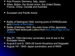 Axis Powers: Germany, Italy, Japan Allies: Britain, the Soviet Union, the United States, France, China, Canada and Australia  European and Pacific Arena Battle of Stalingrad-1943: turning point of WWII(Soviets win)  Enemy at the Gates Battle of Midway-1942: the main force of the Japanese United Fleet destroyed  Letters from  Iwo Jima/Flags of Our Fathers May 8 th , 1944-Germany surrenders, end of war in the European Arena August 6 and 9, 1945-US bomb Hiroshima and Nagasaki August 14 th , 1945- Japan surrenders, end of WWII 