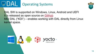 14
Operating Systems
DAL SW is supported on Windows, Linux, Android and UEFI
It is released as open source on GitHub
MEI D...