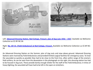 Left: Advanced Dressing Station, Red Cottage, Fricourt, plan of dug outs 1916 – 1917. Available via Wellcome
Collection as CC-BY-NC-SA

Right: No. 69 F.A. [Field Ambulance] at Red Cottage, Fricourt. Available via Wellcome Collection as CC-BY-NC-
SA

An Advanced Dressing Station on the Somme: plan of dug outs and view above ground. Advanced Dressing
Stations were manned by Field Ambulances and provided limited surgical facilities for emergency cases. To treat
the wounded as quickly as possible they had to be close to the front line, often within range of the enemy’s
field artillery. As can be seen from the devastation in the photograph on the right, this dressing station has had
to be housed in dug outs. These provide barely enough shelter for the staff of the Field Ambulance; in times of
heavy fighting, the wounded will have had to be left in the open on stretchers.
 