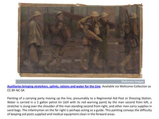 Auxiliaries bringing stretchers, splints, rations and water for the Line. Available via Wellcome Collection as
CC-BY-NC-SA

Painting of a carrying party moving up the line, presumably to a Regimental Aid Post or Dressing Station.
Water is carried in a 2 gallon petrol tin (still with its red warning paint) by the man second from left, a
stretcher is slung over the shoulder of the man standing second from right, and other men carry supplies in
sand bags. The infantryman on the far right is perhaps acting as a guide. This painting conveys the difficulty
of keeping aid posts supplied and medical equipment clean in the forward areas.
 